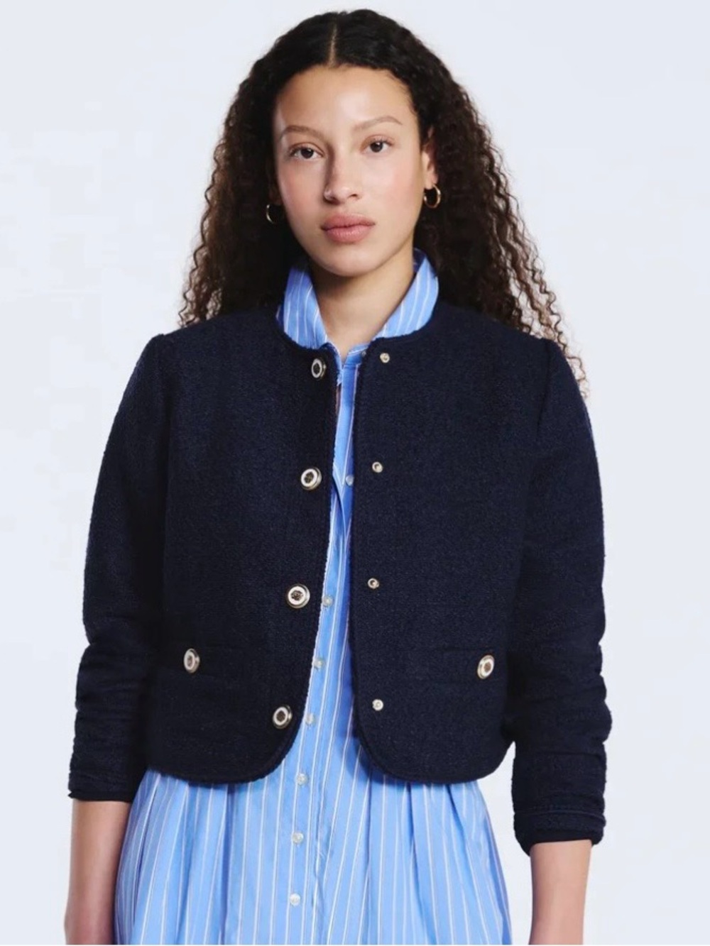 Cropped Navy Bouclé Blazer Jacket - Women
